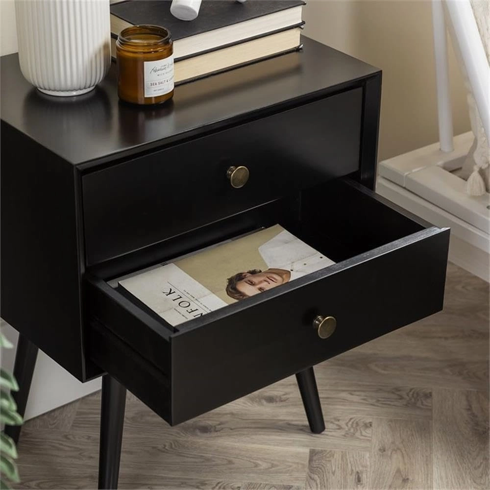 Walker Edison Ella Mid Century Modern 2 Drawer Solid Wood Nightstand, 1 Pack, Black