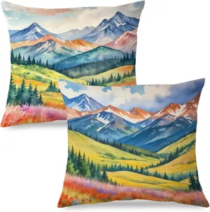 Watercolor Wildflower Mountain Scenery Pillow Covers 18x18 Set of 2, Maximalist Vibrant Nature Landscape Decorative Pillow Covers for Living Room Bedroom Home, Nature Room Decor