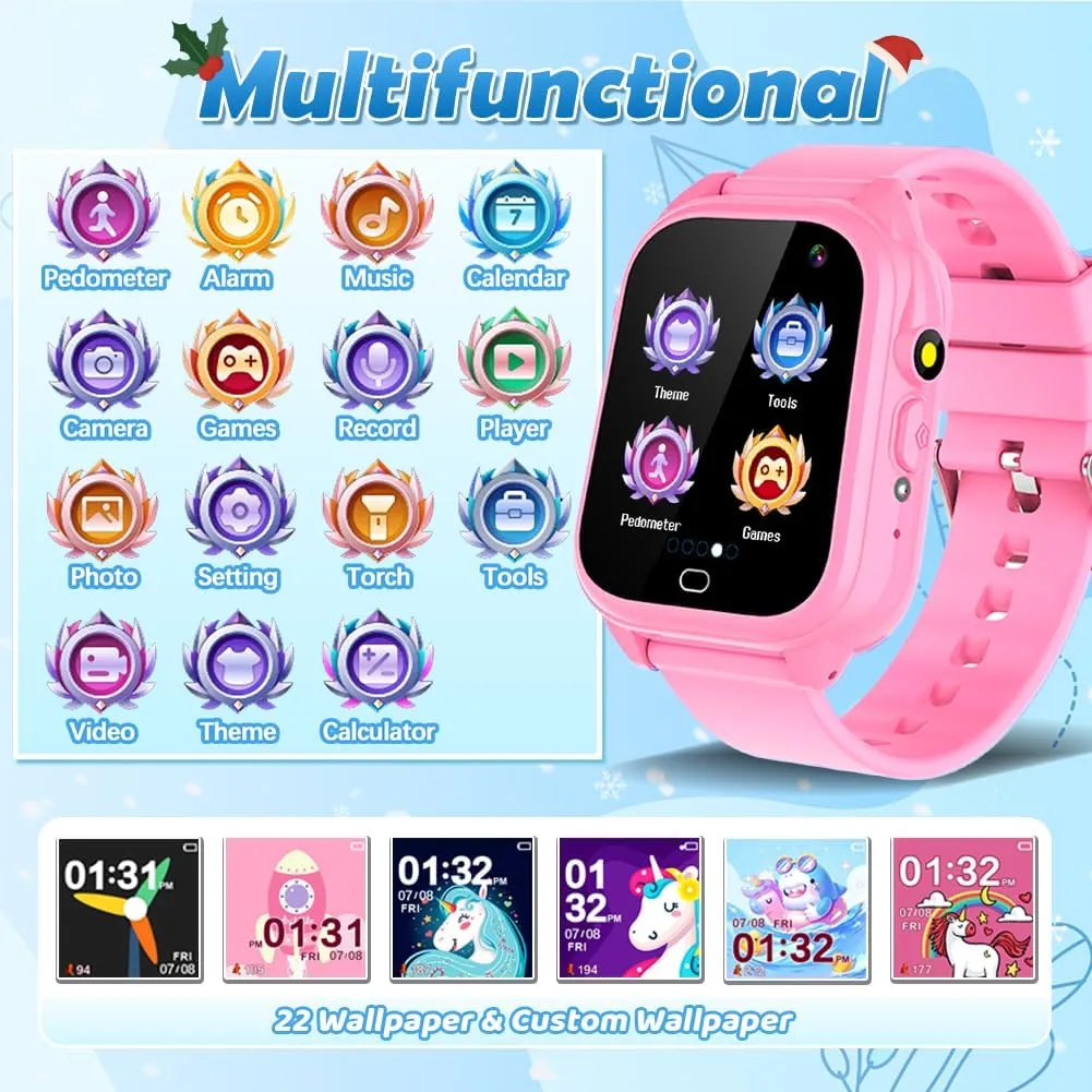 Waterproof Kids Smart Watch for 3-12 Years Old Boys Girls Toys with 26 Game Video Camera Pedometer Music Player Alarm Clock Calculator 1.44'' HD Touchscreen Educational Toys Birthdays Gifts