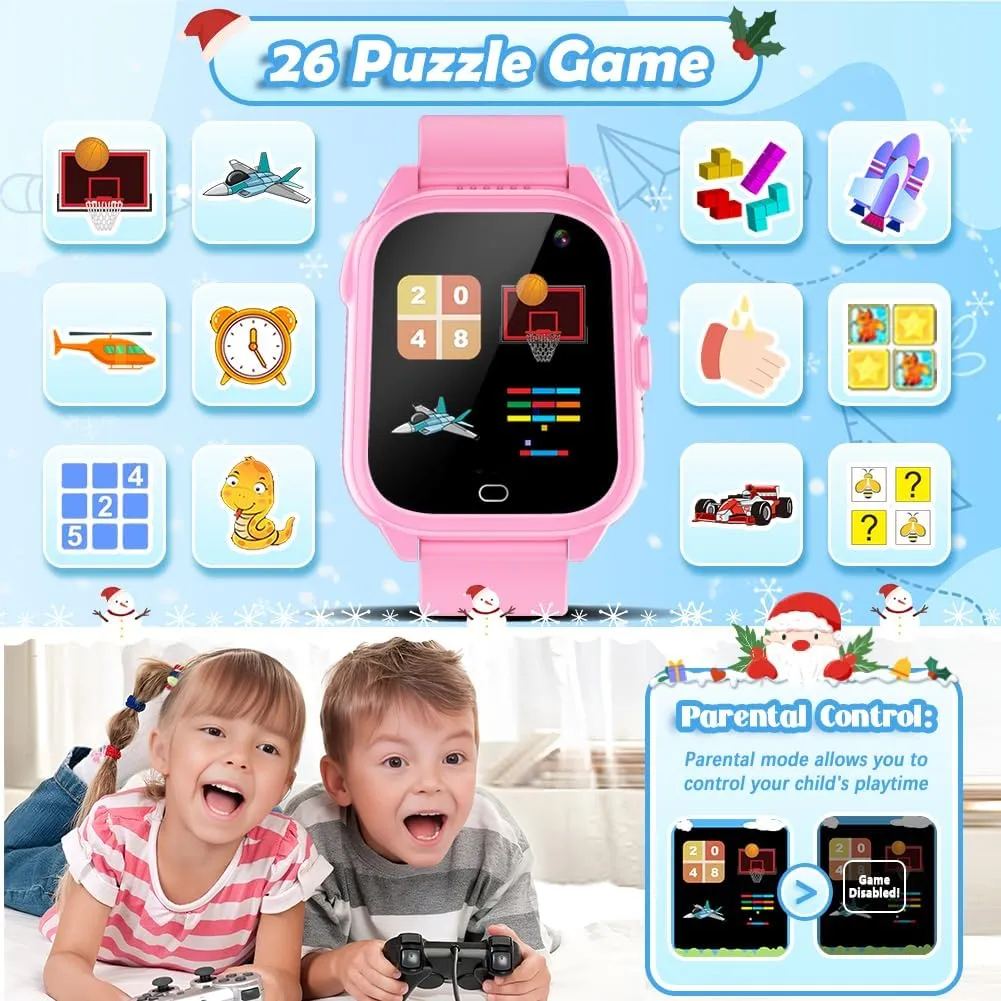 Waterproof Kids Smart Watch for 3-12 Years Old Boys Girls Toys with 26 Game Video Camera Pedometer Music Player Alarm Clock Calculator 1.44'' HD Touchscreen Educational Toys Birthdays Gifts