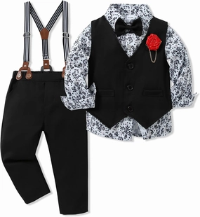 WESIDOM Toddler Boy Clothes Suit Formal Dress Shirt Bowtie Vest Boutonniere Suspender Pants Boys Gentleman Outfits Set