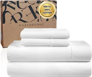 WESTBROOKE Lush Sateen 100% Cotton Sheet Set | King Size Sateen Sheets - 4 Piece Long Staple Cotton Bedding Set with Elasticized 15.5" Deep Pocket - Soft, Breathable Luxury Sheets - Hotel White