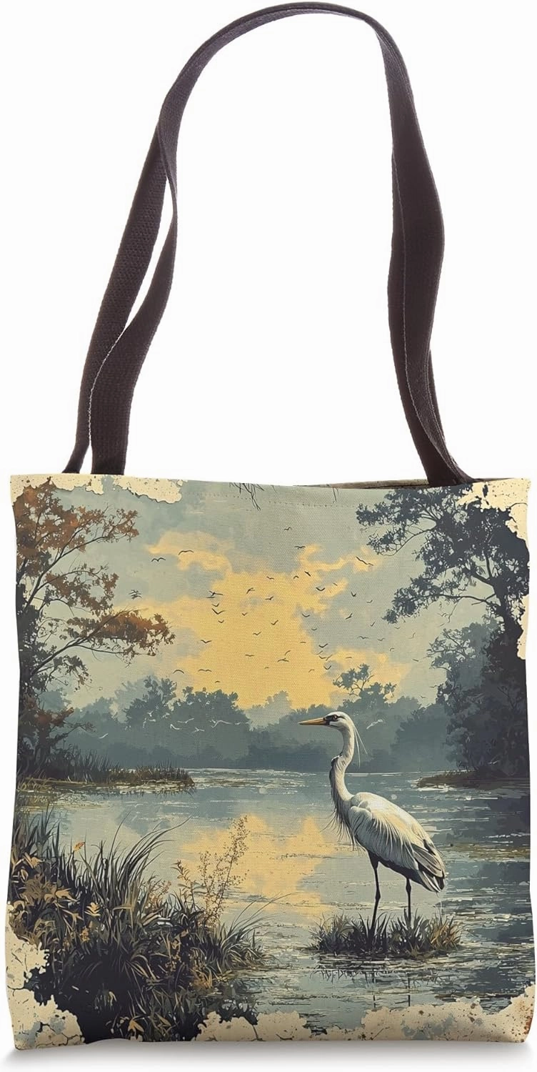 Wetlands With Birdlife Landscape Vintage Graphic Tote Bag