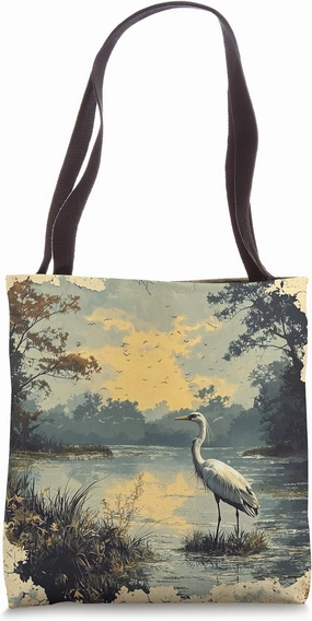 Wetlands With Birdlife Landscape Vintage Graphic Tote Bag