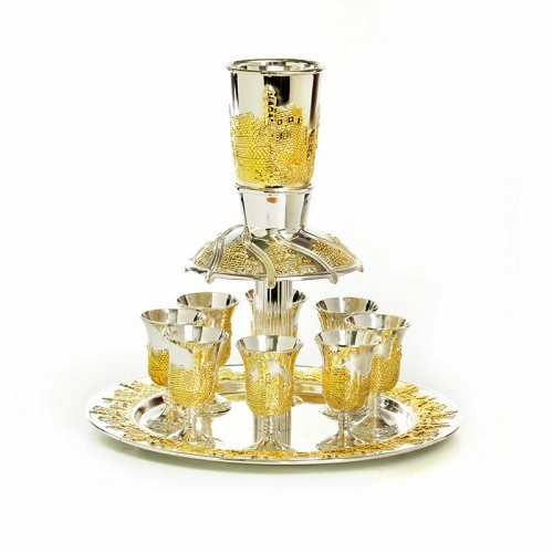 Wine Fountain with 8 Cups on Tray - Silver Plated with Gold David Citadel Design