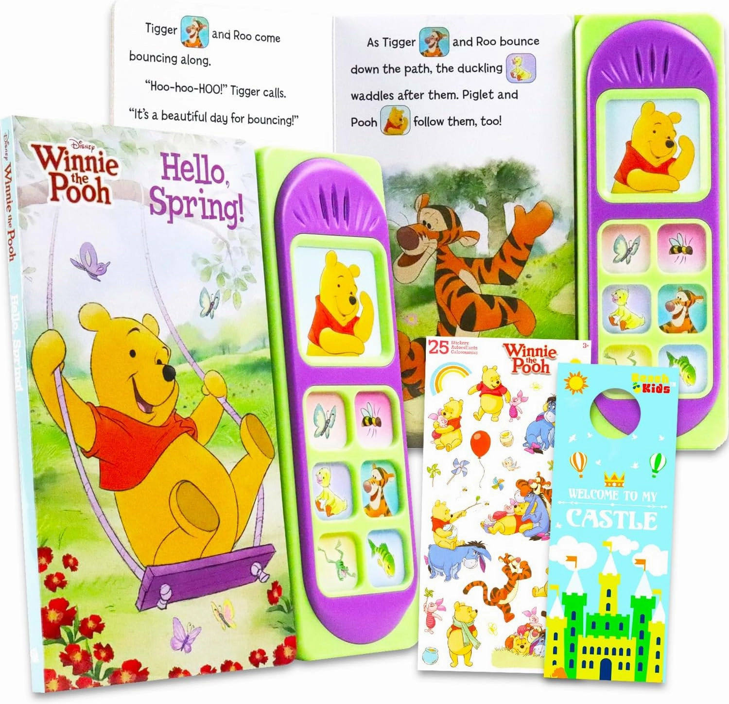 Winnie The Pooh Sound Book for Toddlers - Winnie The Pooh Activity Book Bundle with an Interactive Learning Sound Book Plus Stickers, Door Hanger | Winnie The Pooh Gifts for Kids