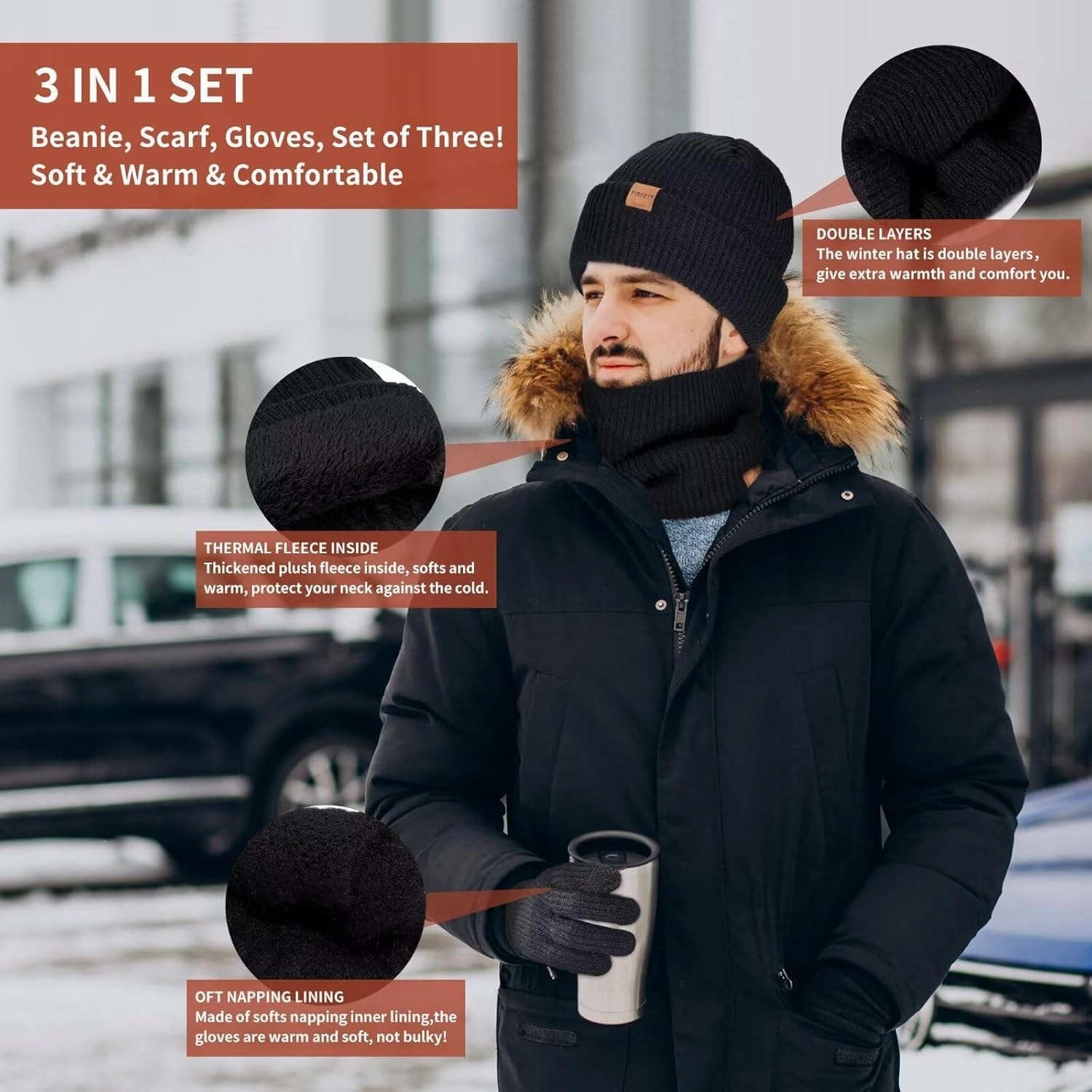 Winter Hat Gloves Scarf Set for Men Women, Mens Beanie Long Scarf Touchscreen Gloves for Cold Weather, 3 in 1 Warm Gift Set