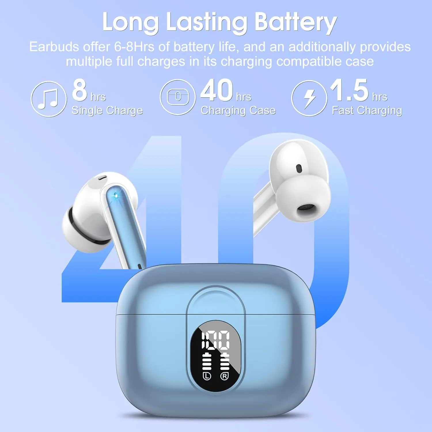Wireless Earbuds 2024 Bluetooth 5.3 Headphones HiFi Stereo, 40H Playtime in-Ear Earbud, Bluetooth Earbuds with LED Power Display, IP7 Waterproof Wireless Earphones Sport Headset for Android iOS