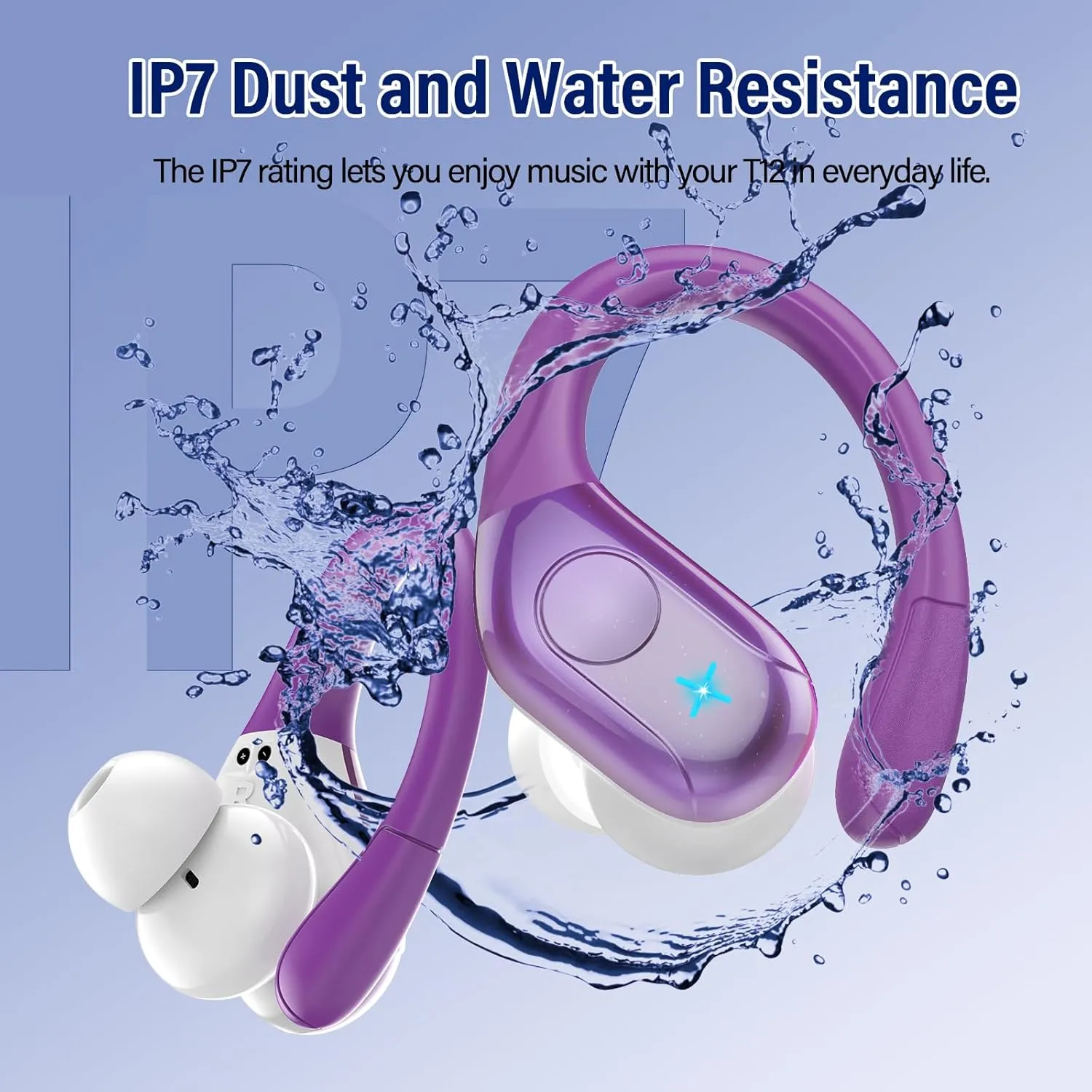Wireless Earbuds Bluetooth 5.4 Headphones Sports, 75H Stereo Deep Bass Ear Buds with Earhooks, Bluetooth Earbuds with 4 ENC Mic, LED Display, IP7 Waterproof Earphone for Running, Dark Purple