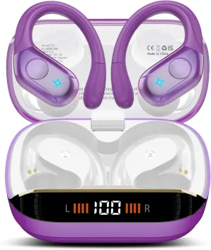 Wireless Earbuds Bluetooth 5.4 Headphones Sports, 75H Stereo Deep Bass Ear Buds with Earhooks, Bluetooth Earbuds with 4 ENC Mic, LED Display, IP7 Waterproof Earphone for Running, Dark Purple