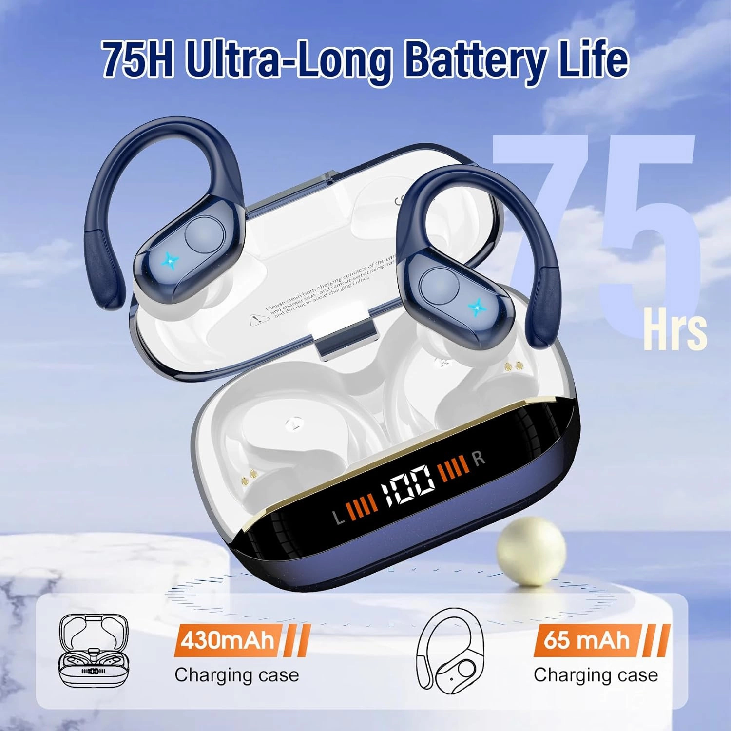 Wireless Earbuds Bluetooth 5.4 Headphones 75H Playtime Stereo Deep Bass Sports Ear Buds with Earhooks, LED Display Bluetooth Earbuds with 4 ENC Mic, IP7 Waterproof Earphone for Running, Dark Blue