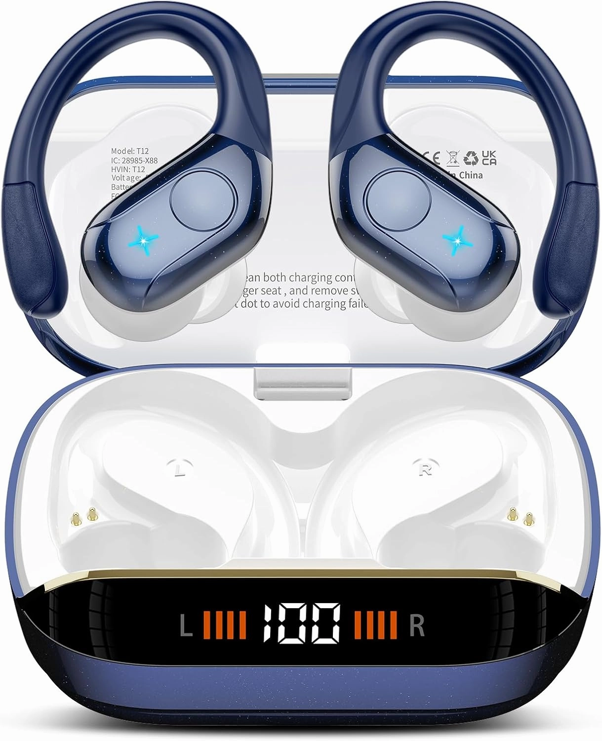 Wireless Earbuds Bluetooth 5.4 Headphones 75H Playtime Stereo Deep Bass Sports Ear Buds with Earhooks, LED Display Bluetooth Earbuds with 4 ENC Mic, IP7 Waterproof Earphone for Running, Dark Blue