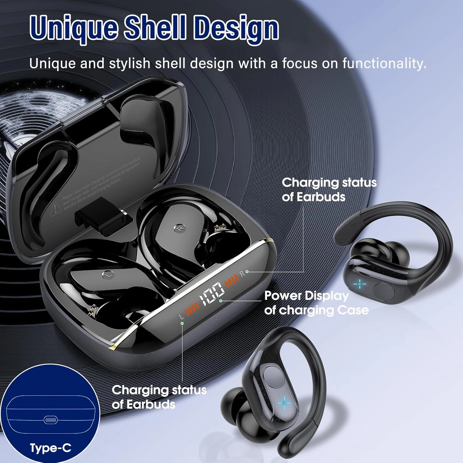 Wireless Earbuds Bluetooth 5.4 Headphones 75H Stereo Deep Bass Sports Over Ear Buds with Earhooks, LED Display Bluetooth Earbuds with 4 ENC Mic, IP7 Waterproof Earphone for Running, Black