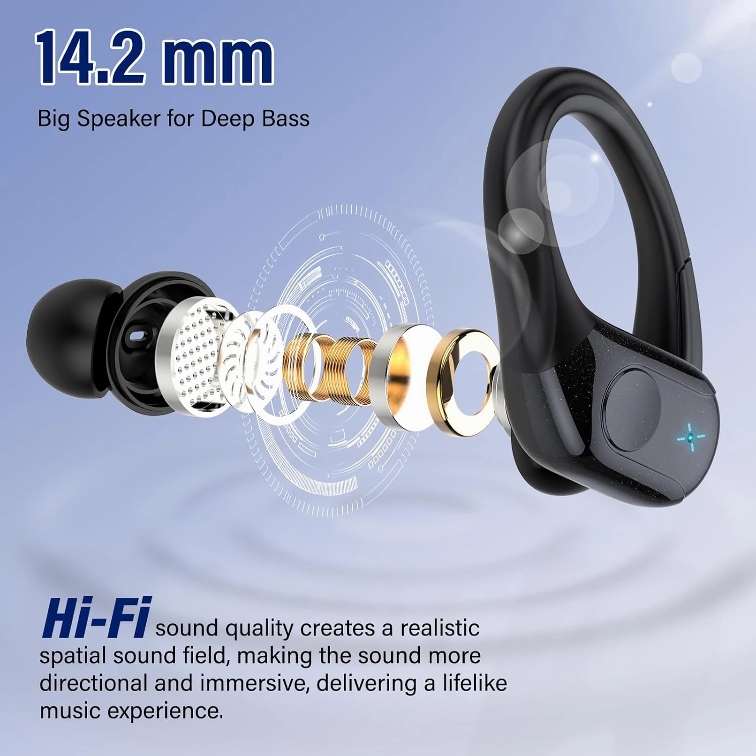Wireless Earbuds Bluetooth 5.4 Headphones 75H Stereo Deep Bass Sports Over Ear Buds with Earhooks, LED Display Bluetooth Earbuds with 4 ENC Mic, IP7 Waterproof Earphone for Running, Black