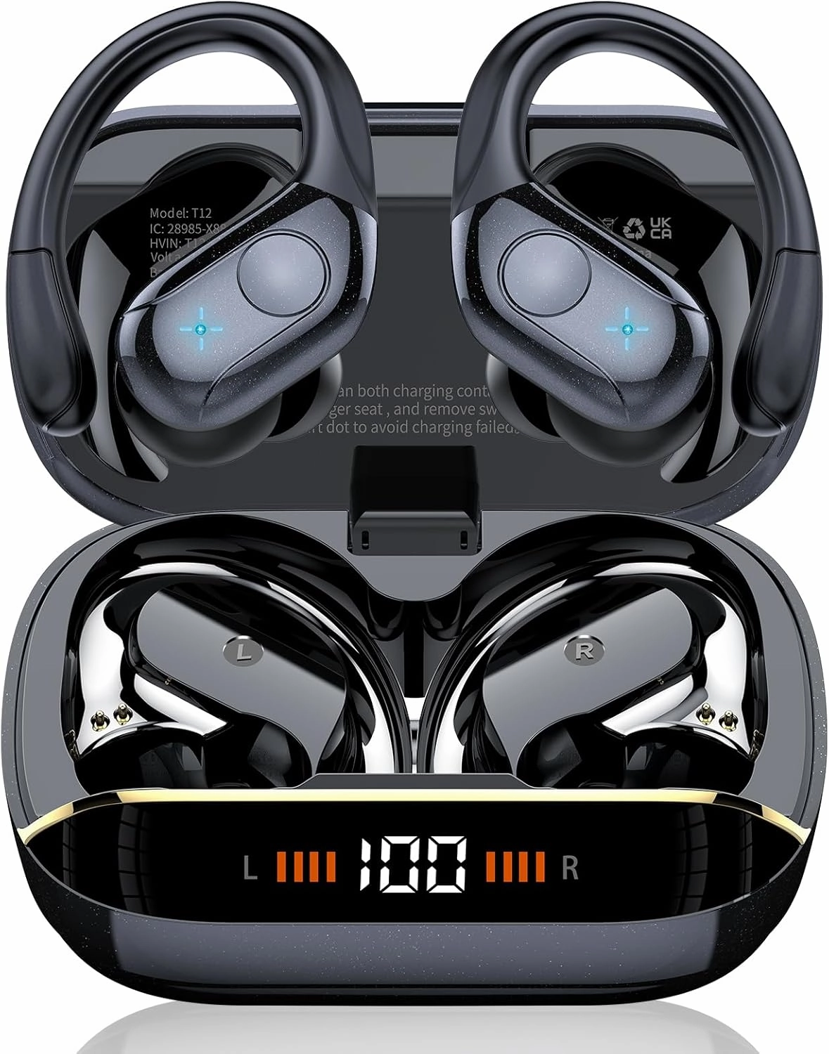 Wireless Earbuds Bluetooth 5.4 Headphones 75H Stereo Deep Bass Sports Over Ear Buds with Earhooks, LED Display Bluetooth Earbuds with 4 ENC Mic, IP7 Waterproof Earphone for Running, Black