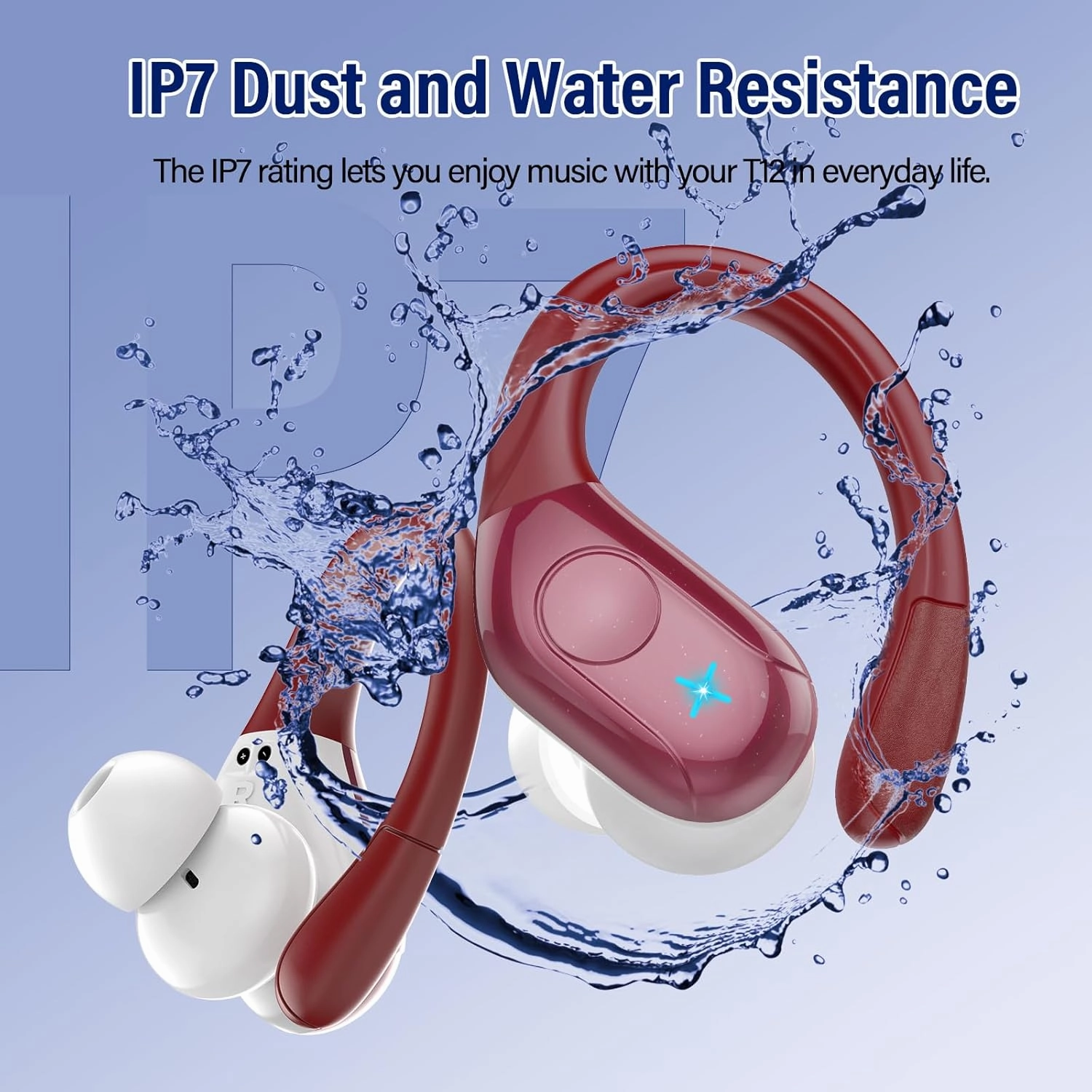 Wireless Earbuds Bluetooth 5.4 Headphones 75H Stereo Deep Bass Sports Over Ear Buds with Earhooks, LED Display Bluetooth Earbuds with 4 ENC Mic, IP7 Waterproof Earphone for Running, Red