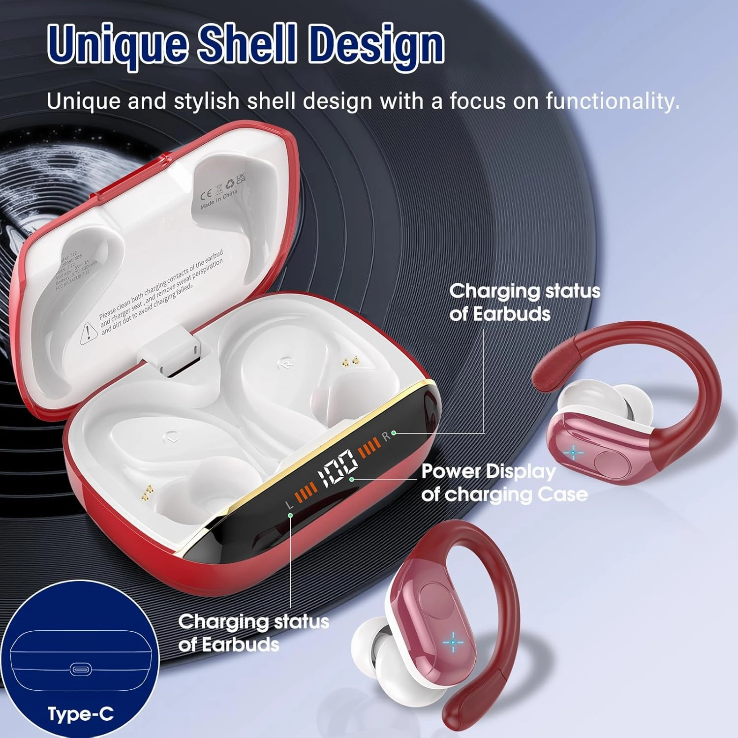 Wireless Earbuds Bluetooth 5.4 Headphones 75H Stereo Deep Bass Sports Over Ear Buds with Earhooks, LED Display Bluetooth Earbuds with 4 ENC Mic, IP7 Waterproof Earphone for Running, Red