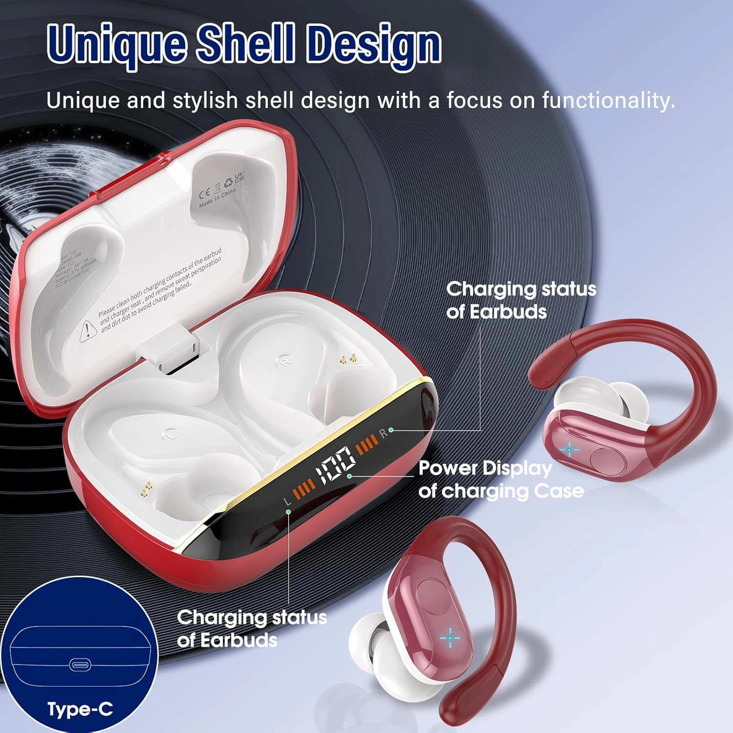 Wireless Earbuds Bluetooth 5.4 Headphones 75H Stereo Deep Bass Sports Over Ear Buds with Earhooks, LED Display Bluetooth Earbuds with 4 ENC Mic, IP7 Waterproof Earphone for Running, Red