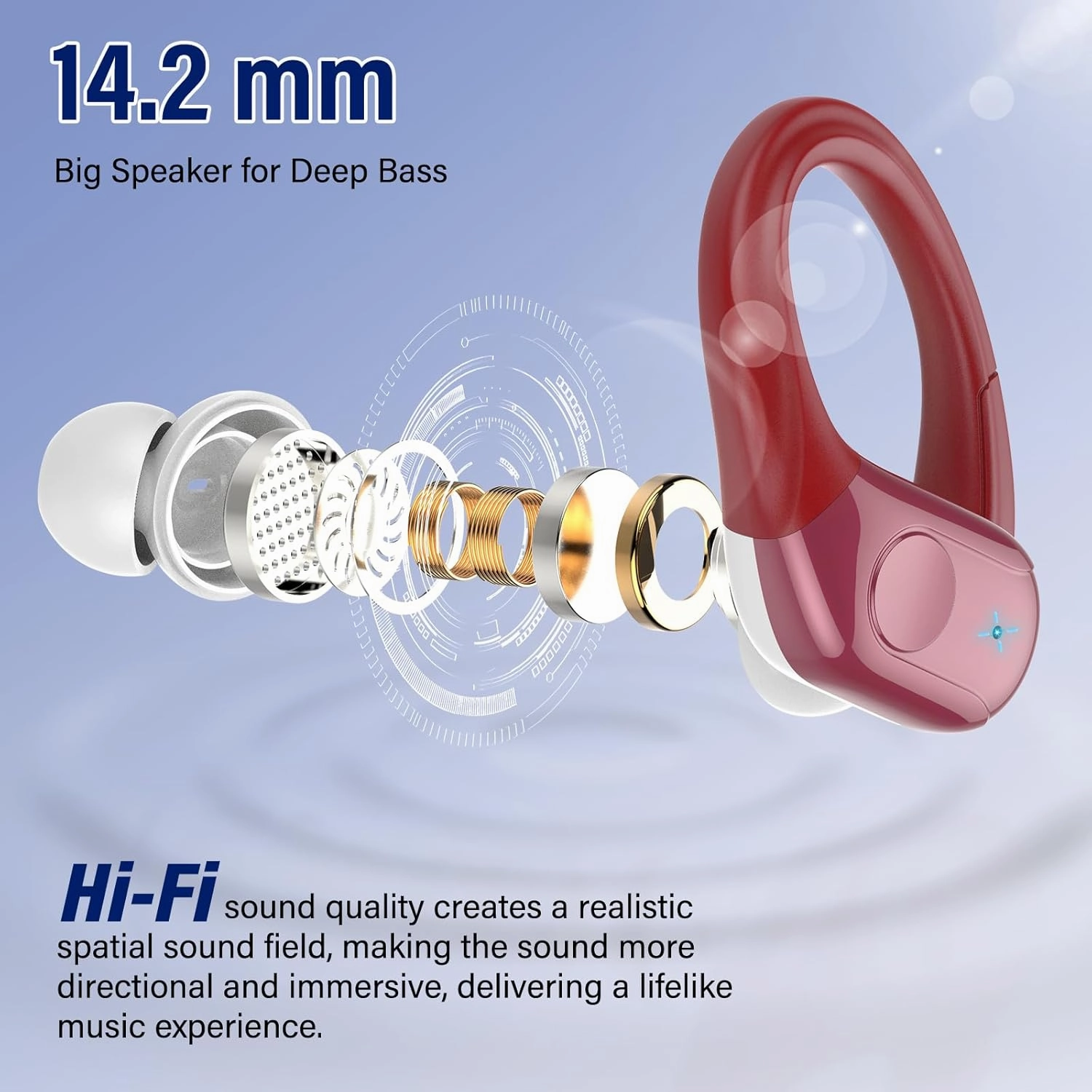 Wireless Earbuds Bluetooth 5.4 Headphones 75H Stereo Deep Bass Sports Over Ear Buds with Earhooks, LED Display Bluetooth Earbuds with 4 ENC Mic, IP7 Waterproof Earphone for Running, Red