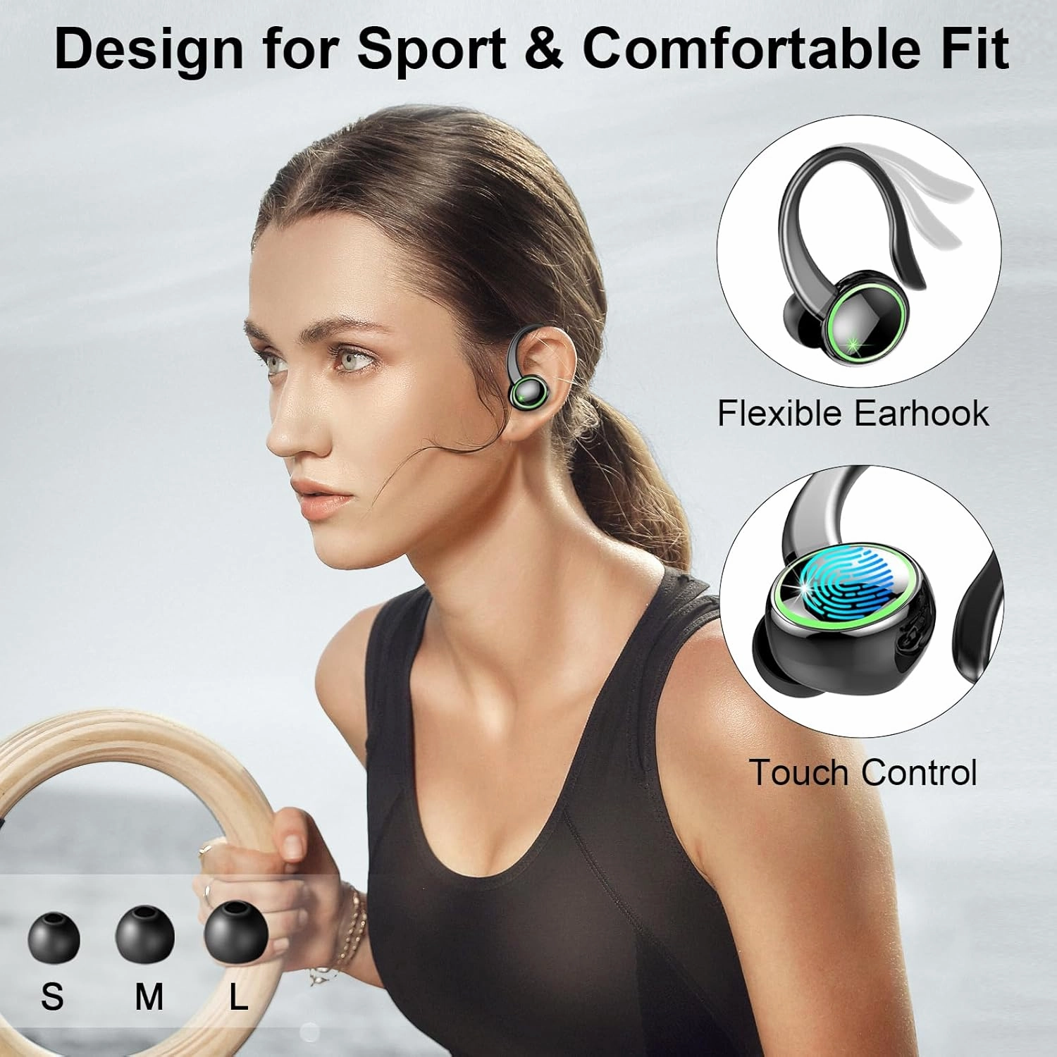 Wireless Earbuds, Bluetooth 5.4 Headphones Sports, 50H Playback Over-Ear buds with ENC Noise Cancelling Mic, Deep Bass Fitness Earphones with Earhooks, IP7 Waterproof Headset for Gym Running Workout