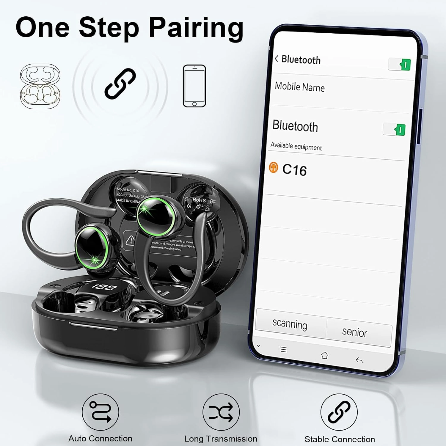 Wireless Earbuds, Bluetooth 5.4 Headphones Sports, 50H Playback Over-Ear buds with ENC Noise Cancelling Mic, Deep Bass Fitness Earphones with Earhooks, IP7 Waterproof Headset for Gym Running Workout
