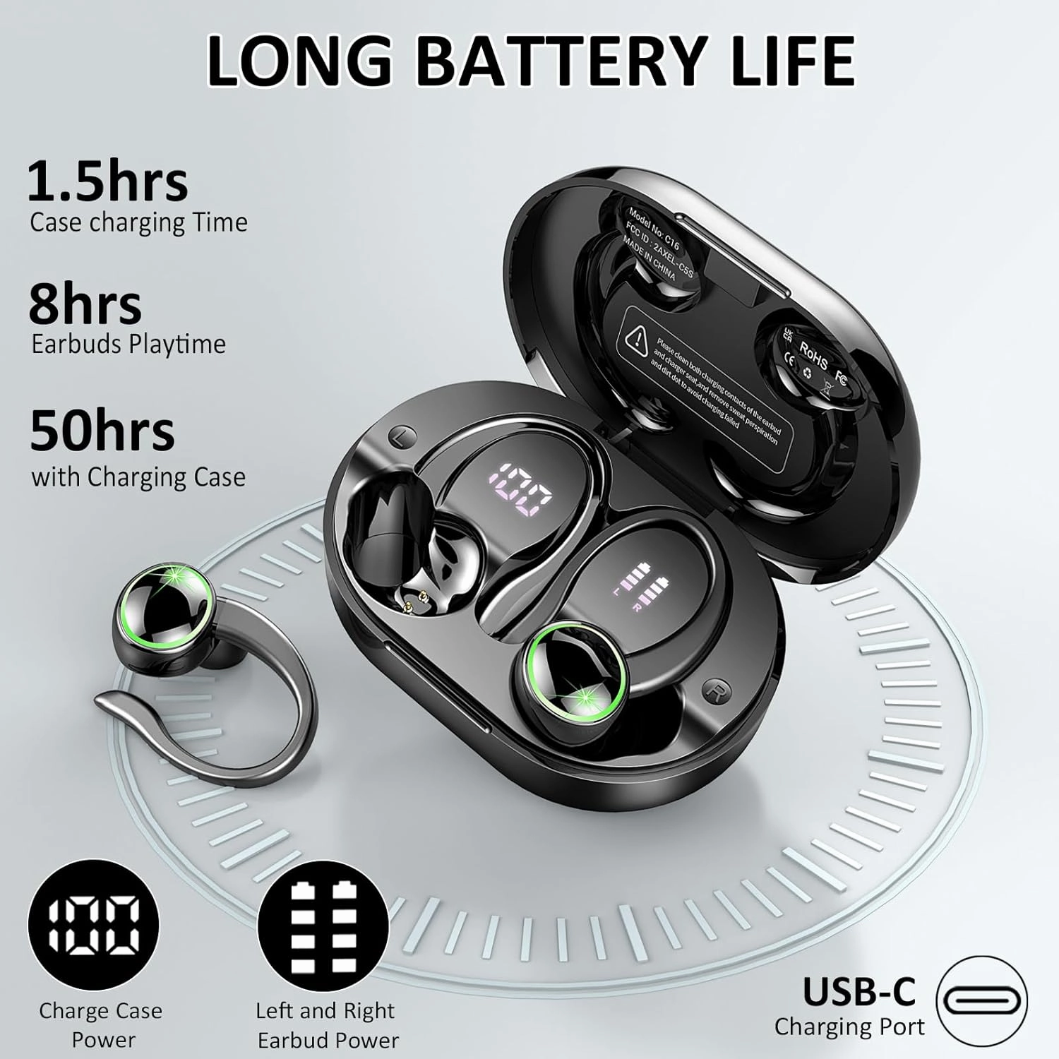 Wireless Earbuds, Bluetooth 5.4 Headphones Sports, 50H Playback Over-Ear buds with ENC Noise Cancelling Mic, Deep Bass Fitness Earphones with Earhooks, IP7 Waterproof Headset for Gym Running Workout