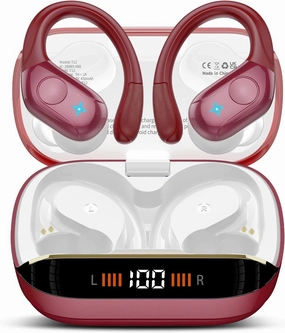 Wireless Earbuds Bluetooth 5.4 Headphones Sports, 75H Stereo Deep Bass Over Ear Buds with Earhooks, Bluetooth Earbuds with 4 ENC Mic, LED Display, IP7 Waterproof Earphone for Running, Red
