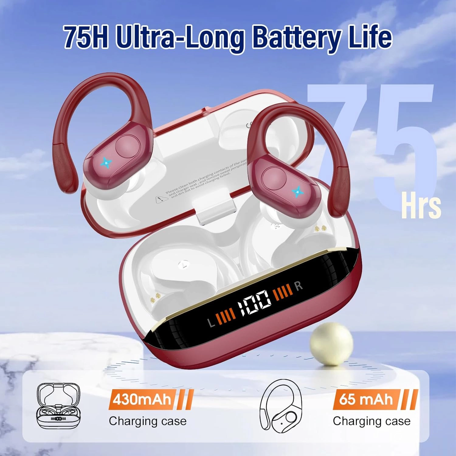 Wireless Earbuds Bluetooth 5.4 Headphones Sports, 75H Stereo Deep Bass Over Ear Buds with Earhooks, Bluetooth Earbuds with 4 ENC Mic, LED Display, IP7 Waterproof Earphone for Running, Red