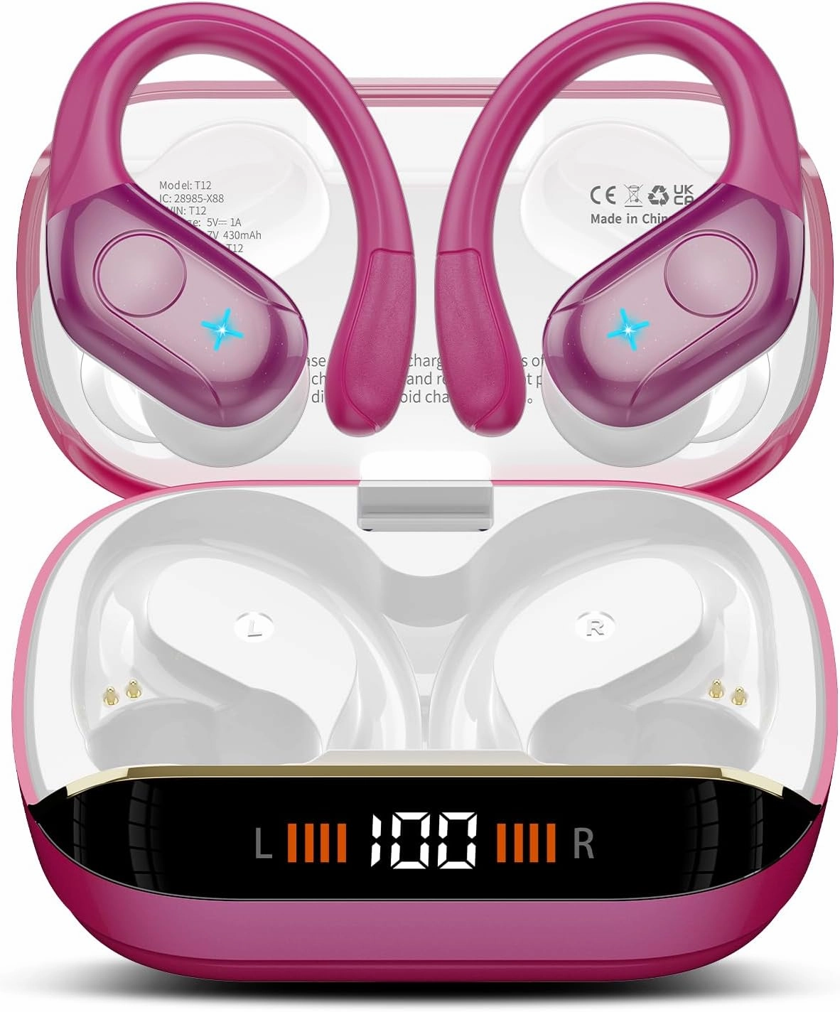 Wireless Earbuds Bluetooth 5.4 Headphones Sports 75H Stereo Deep Bass Over Ear Buds with Earhooks, Bluetooth Earbuds with 4 ENC Mic, LED Display, IP7 Waterproof Earphone for Running, Rose Gold