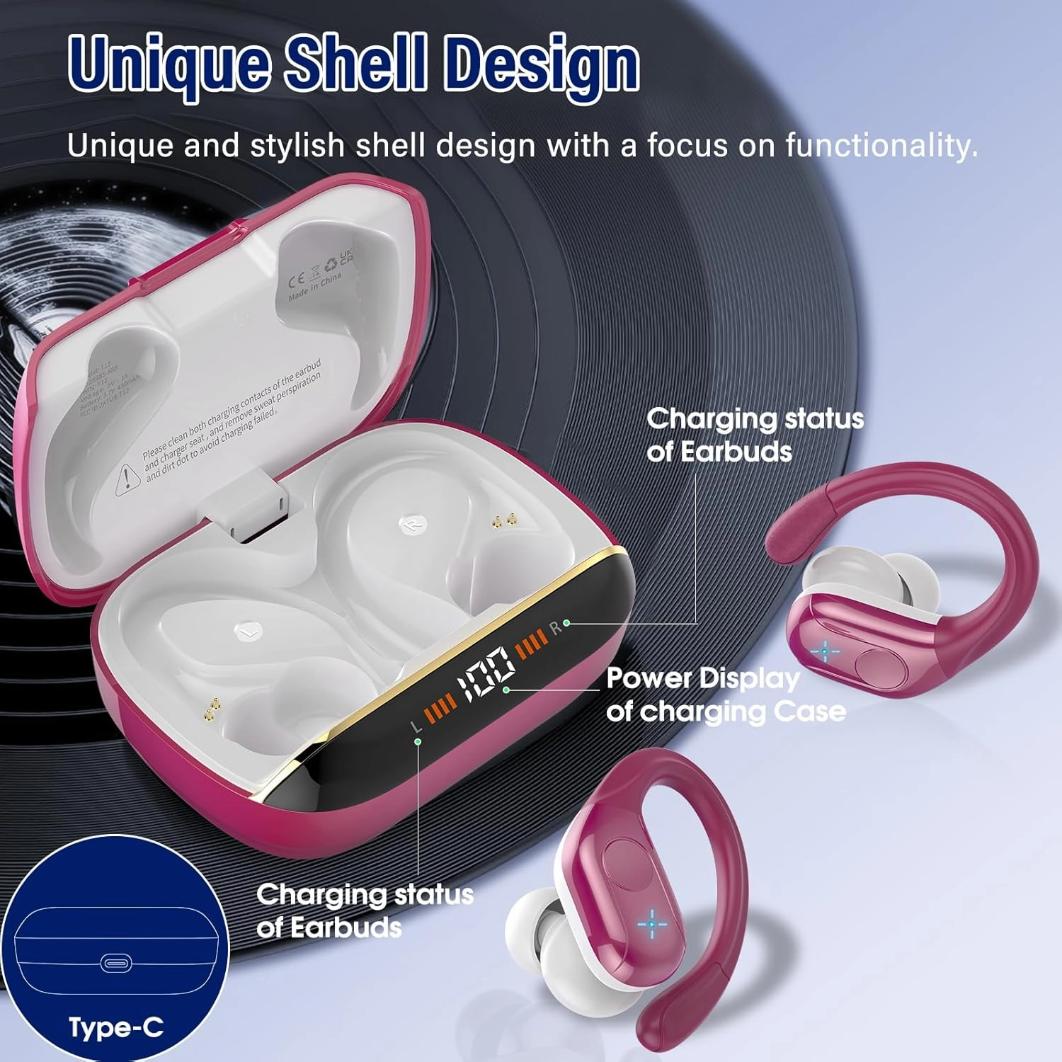Wireless Earbuds Bluetooth 5.4 Headphones Sports 75H Stereo Deep Bass Over Ear Buds with Earhooks, Bluetooth Earbuds with 4 ENC Mic, LED Display, IP7 Waterproof Earphone for Running, Rose Gold