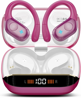Wireless Earbuds Bluetooth 5.4 Headphones Sports 75H Stereo Deep Bass Over Ear Buds with Earhooks, Bluetooth Earbuds with 4 ENC Mic, LED Display, IP7 Waterproof Earphone for Running, Rose Gold