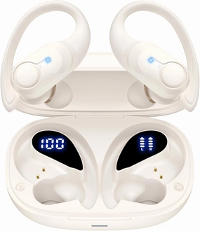 Wireless Earbuds Bluetooth Headphones Ear Buds 70H Playback Digital Display Wireless Charging Case Deep Bass Earphones Over Ear Sport Waterproof Bluetooth Headset for Workout Running White