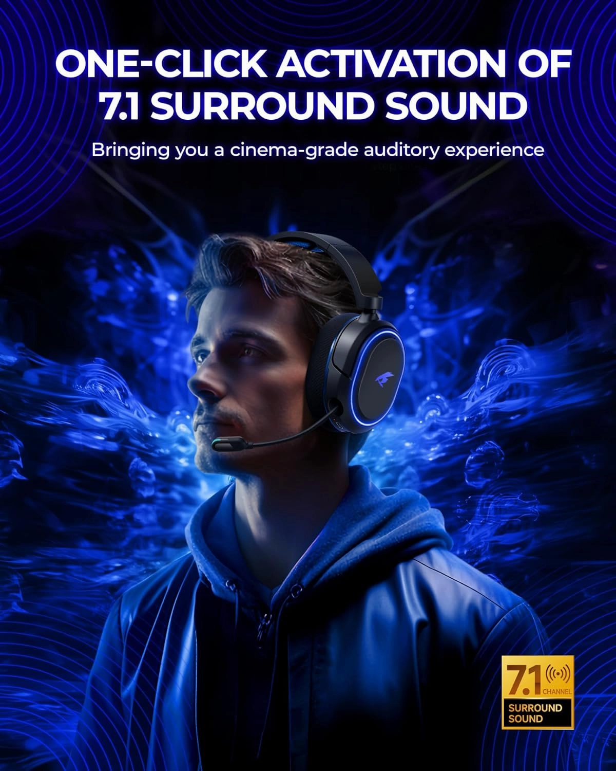 Wireless Gaming Headset, 7.1 Surround Sound, 2.4GHz USB Gaming Headphones with Bluetooth 5.4, 100H Battery, ENC Noise Canceling Mic, RGB Light, Wireless Headset for PC PS5 PS4 Mac Switch (Black-Blue)