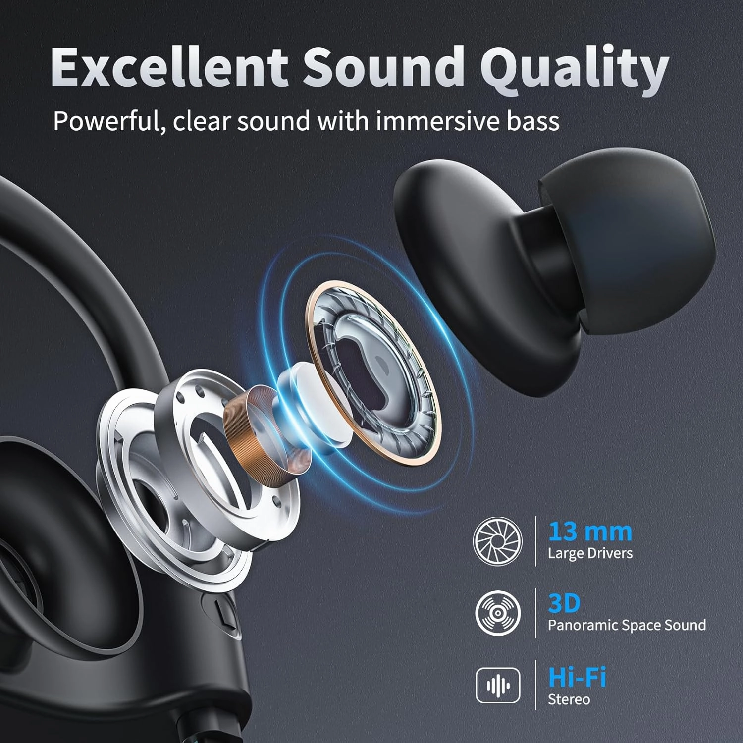 Wireless Headphones Bluetooth 5.3 Headphones with 16 Hours Playtime, Over-Ear Stereo Bass Earphones with Earhooks Headset, Sports Earbuds with Storage Bag for Running, Blue