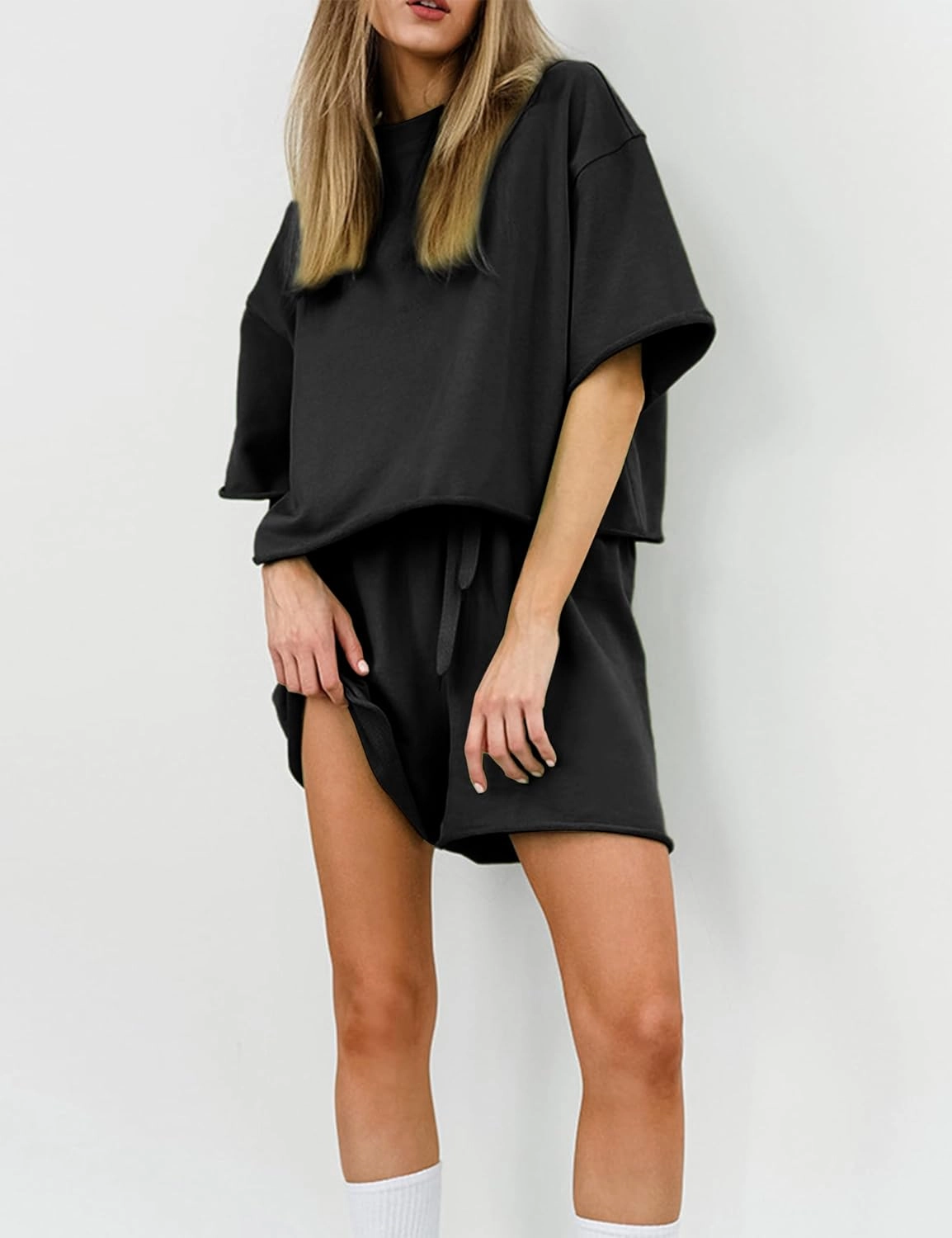 Women's 2 Piece Outfits Lounge Sets Crew Neck Short Sleeve Pullover Tops High Waisted Shorts Tracksuits