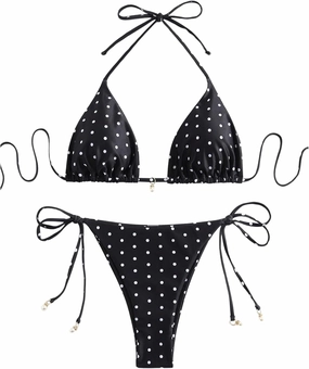 Women's High Waisted Bikini Set Graphic Tie Back Swimsuit with Tie Side Thongs Bathing Suit