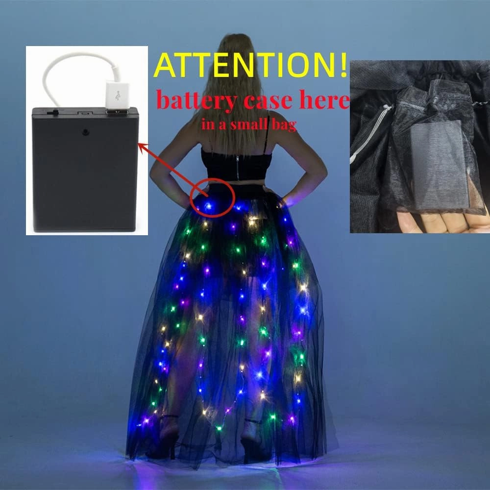 Women Tulle Tutu Skirts,LED Light Up Long High Low Ruffles