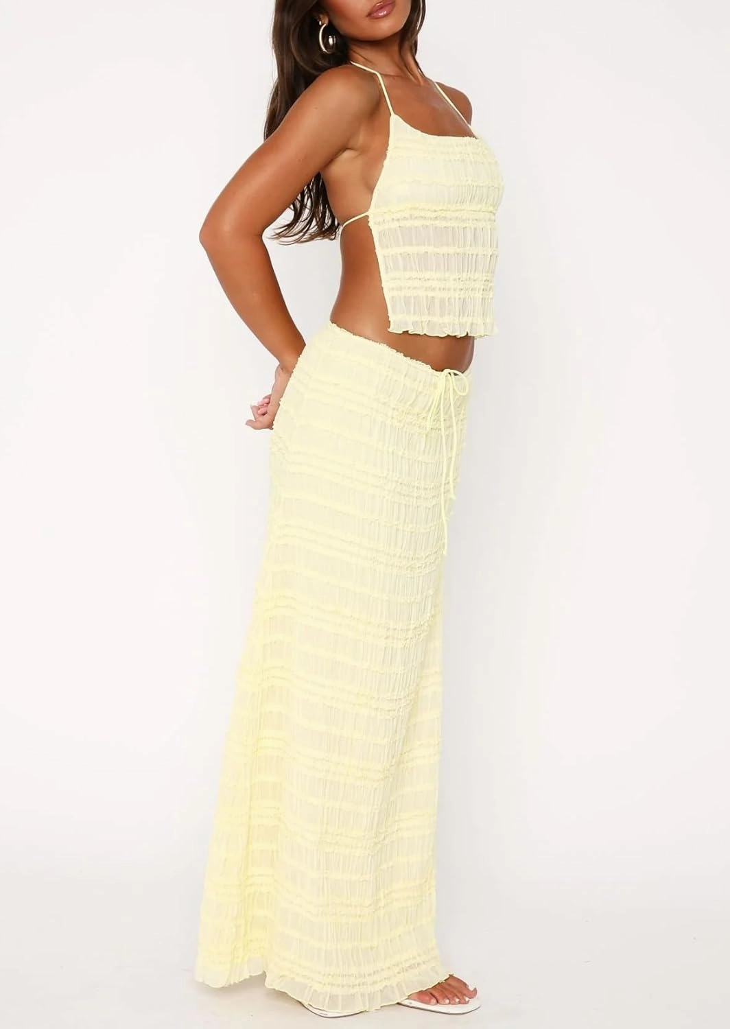 Women Y2k 2 Piece Maxi Skirt Set Sleeveless Ruffle Lace Crop Top Tiered Flowy Long Skirt Summer Beach Outfit