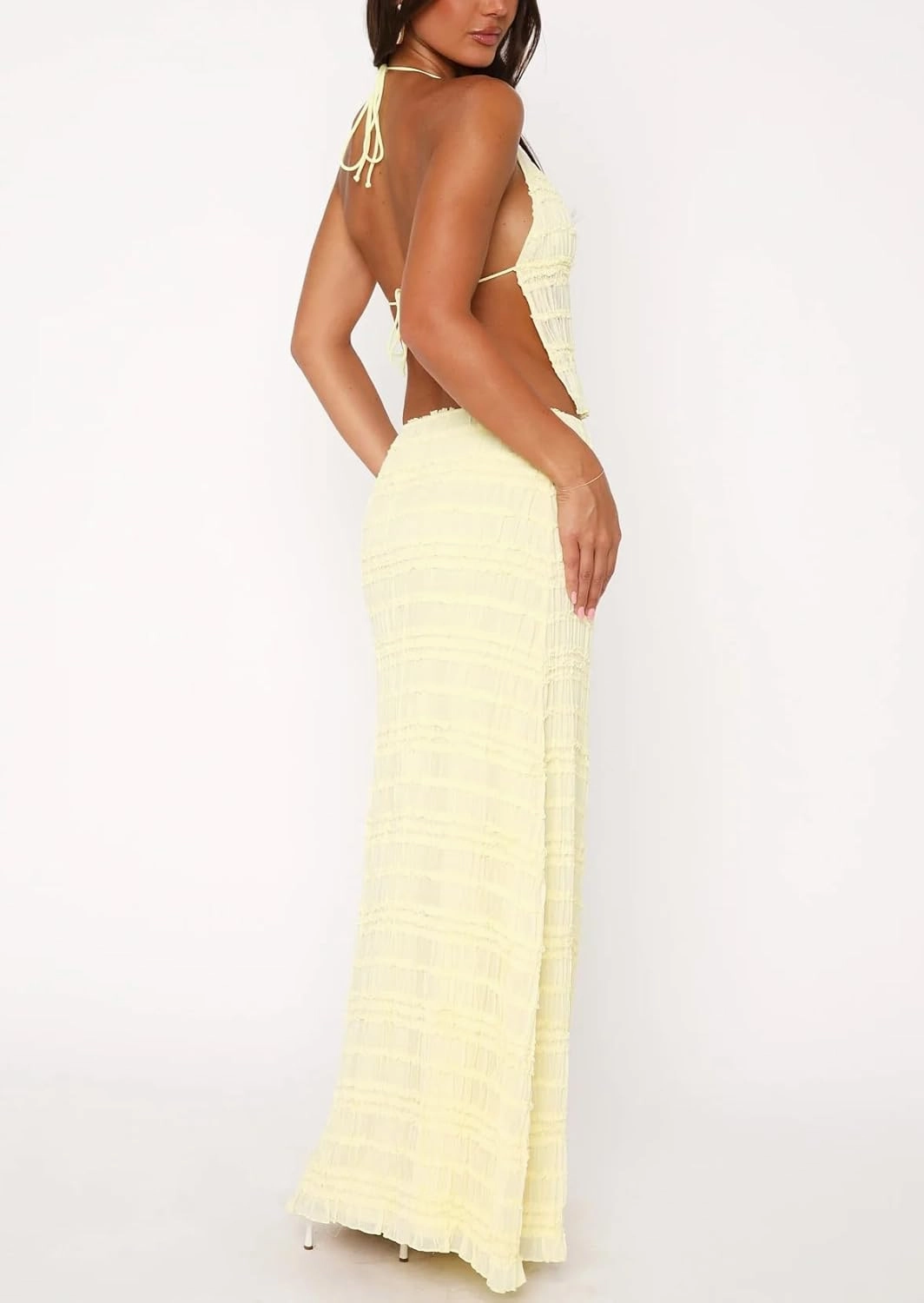 Women Y2k 2 Piece Maxi Skirt Set Sleeveless Ruffle Lace Crop Top Tiered Flowy Long Skirt Summer Beach Outfit