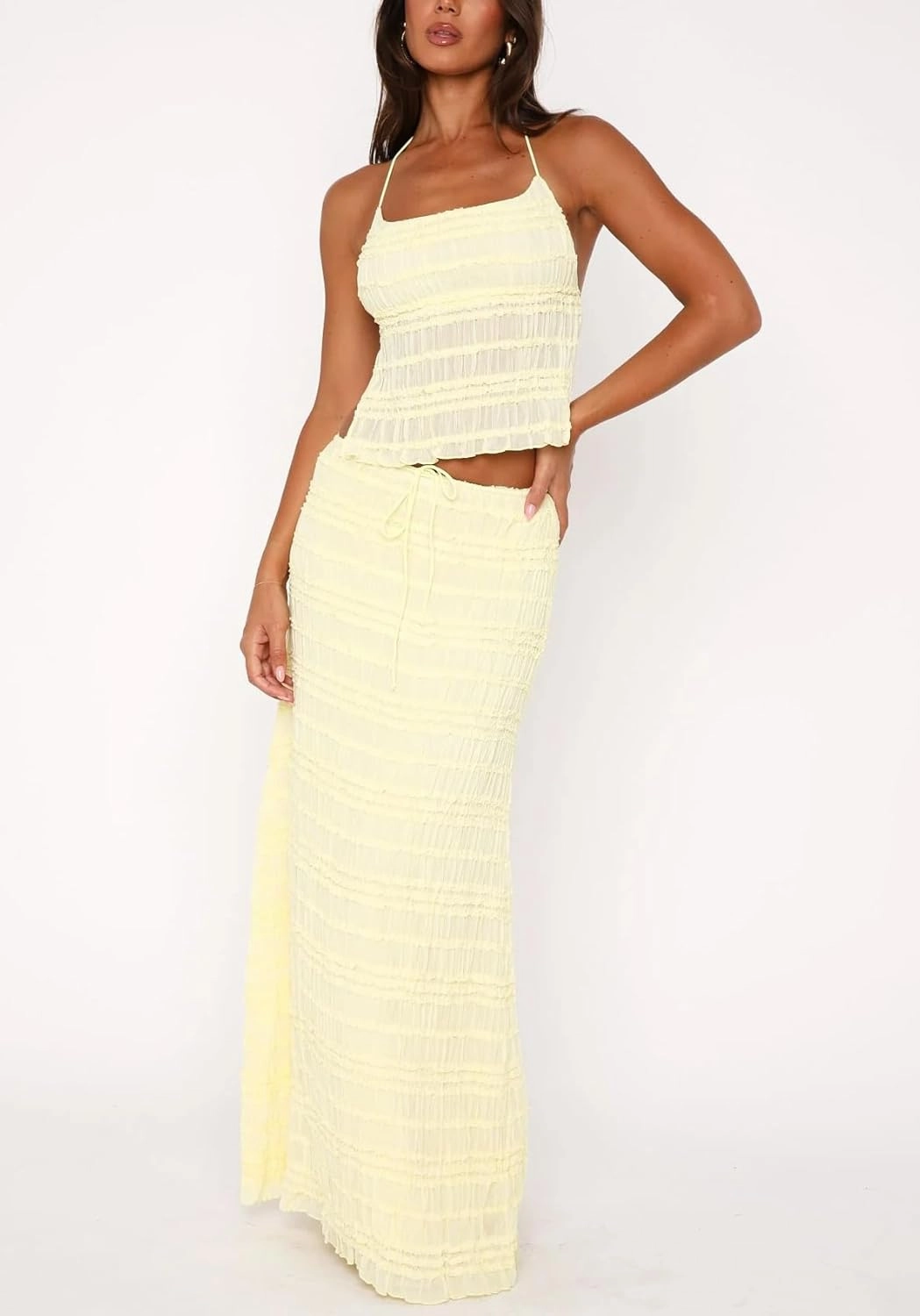 Women Y2k 2 Piece Maxi Skirt Set Sleeveless Ruffle Lace Crop Top Tiered Flowy Long Skirt Summer Beach Outfit