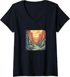 Womens Canyon With River Vintage Landscape Colorful Graphic V-Neck T-Shirt