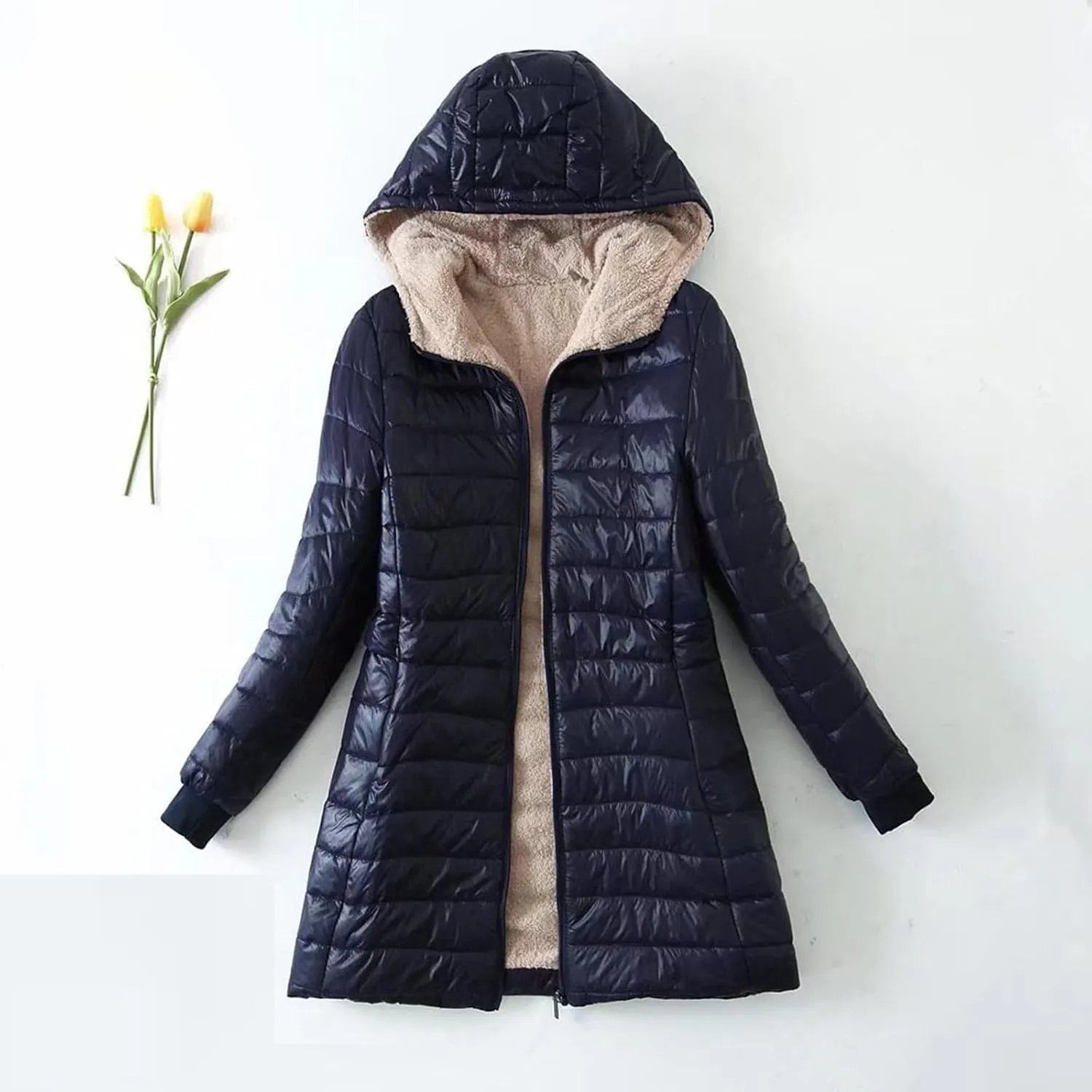 Womens Winter Coats Lightweight Puffer Jacket Fleece Lining Sherpa Jacket Casual Slim Mid-Length Fashion Outerwear