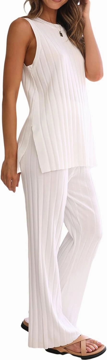 Womens Casual 2 Pieces Outfits Set Off Shoulder Strapless Tank Tops High Waist Wide Leg Pants Summer Y2k Pants Outfits Set