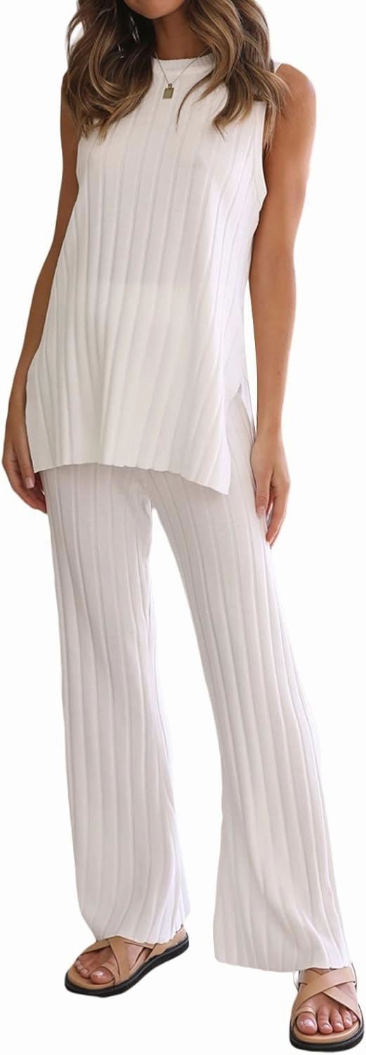 Womens Casual 2 Pieces Outfits Set Off Shoulder Strapless Tank Tops High Waist Wide Leg Pants Summer Y2k Pants Outfits Set