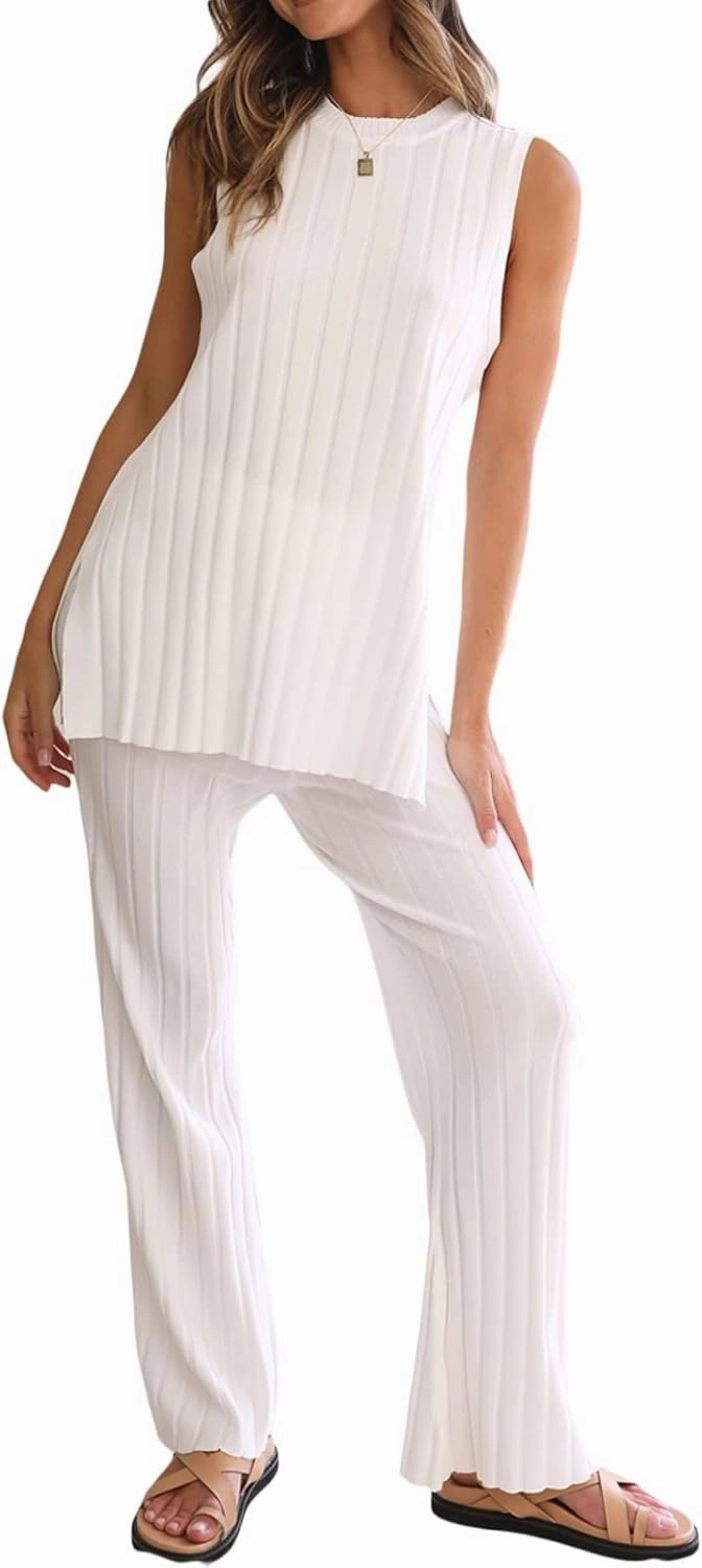 Womens Casual 2 Pieces Outfits Set Off Shoulder Strapless Tank Tops High Waist Wide Leg Pants Summer Y2k Pants Outfits Set