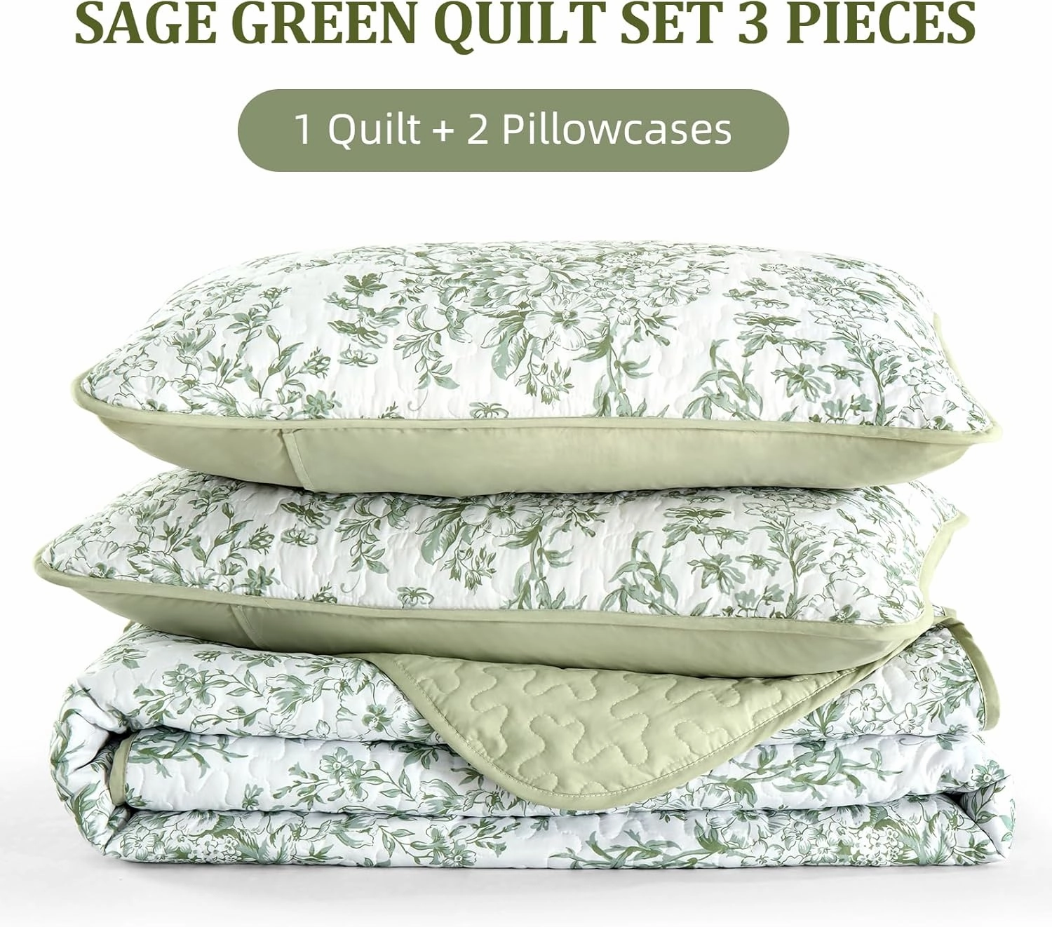 WONGS BDEEING Quilt Full Size, Sage Green Quilt Bedding Set with 2 Pillowcases, Botanical Quilt for Full Bed, Soft Microfiber Lightweight Coverlet Bedspread for All Season (78"×90", 3 Pieces)