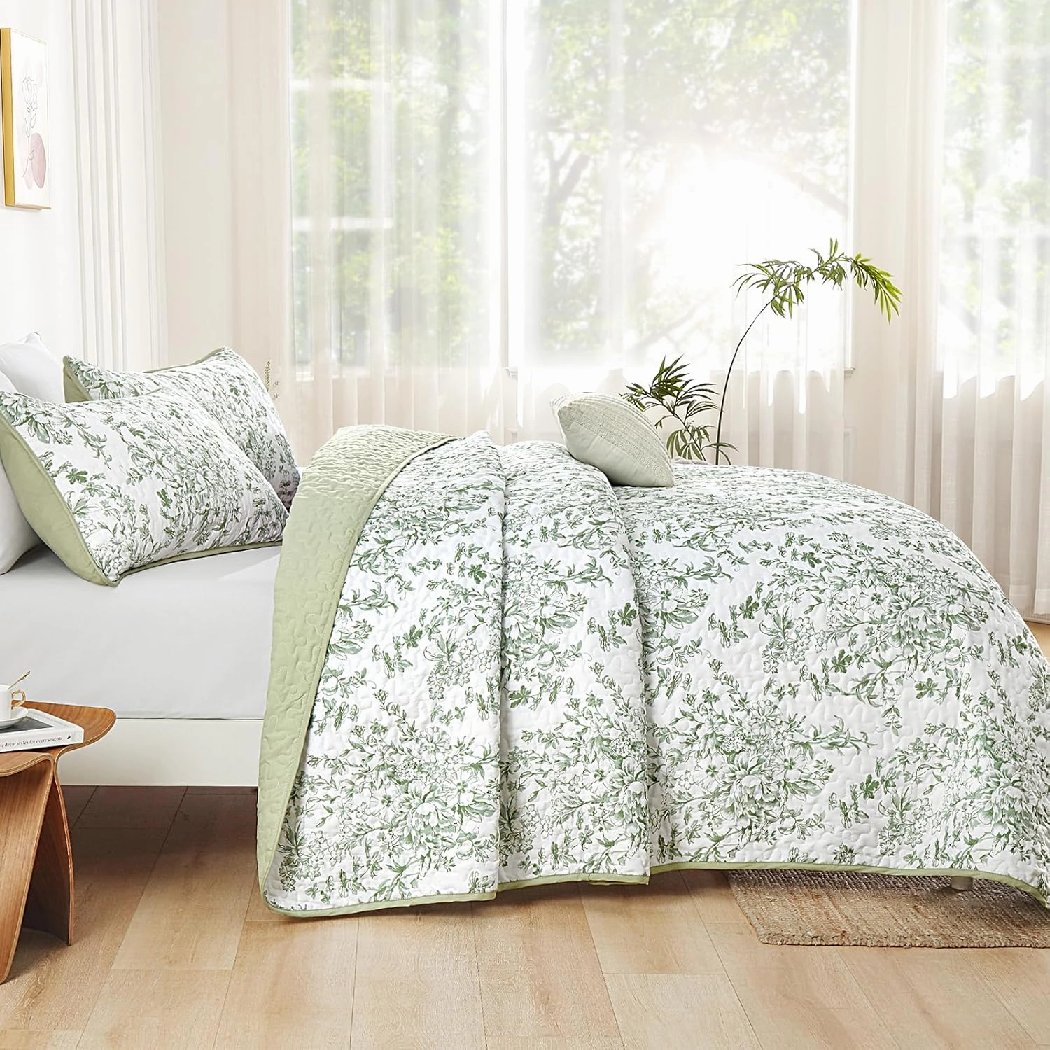 WONGS BDEEING Quilt Full Size, Sage Green Quilt Bedding Set with 2 Pillowcases, Botanical Quilt for Full Bed, Soft Microfiber Lightweight Coverlet Bedspread for All Season (78"×90", 3 Pieces)