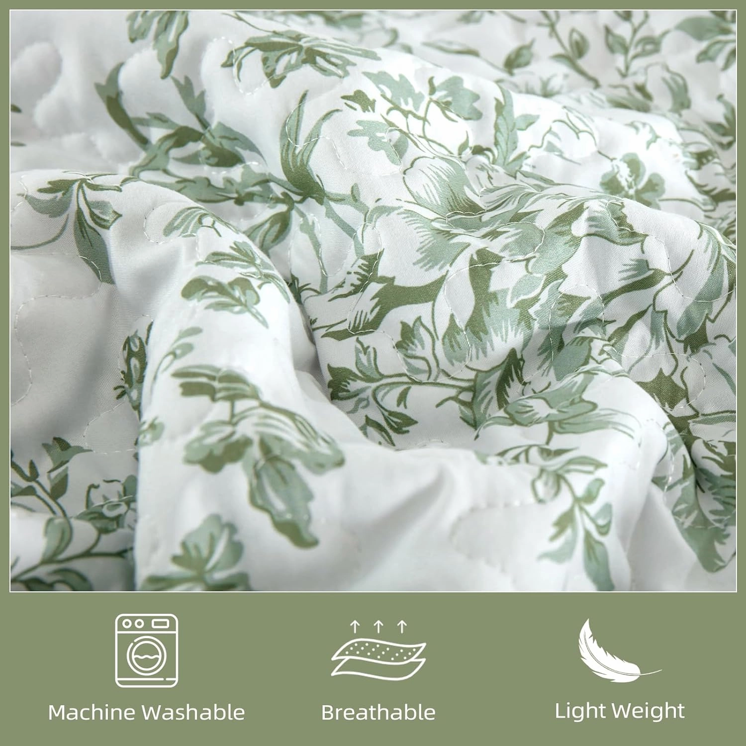 WONGS BDEEING Quilt Full Size, Sage Green Quilt Bedding Set with 2 Pillowcases, Botanical Quilt for Full Bed, Soft Microfiber Lightweight Coverlet Bedspread for All Season (78"×90", 3 Pieces)
