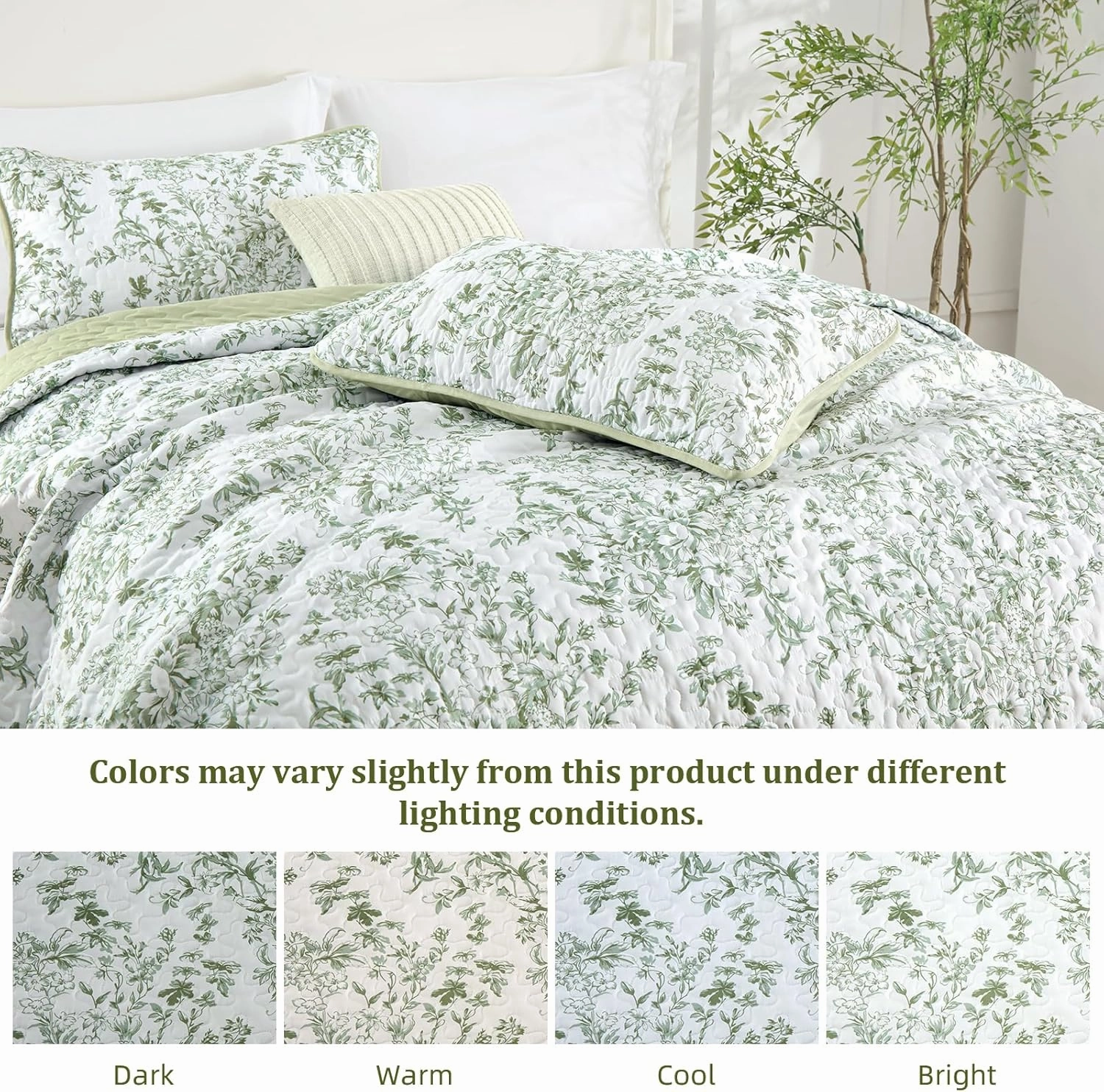 WONGS BDEEING Quilt Full Size, Sage Green Quilt Bedding Set with 2 Pillowcases, Botanical Quilt for Full Bed, Soft Microfiber Lightweight Coverlet Bedspread for All Season (78"×90", 3 Pieces)