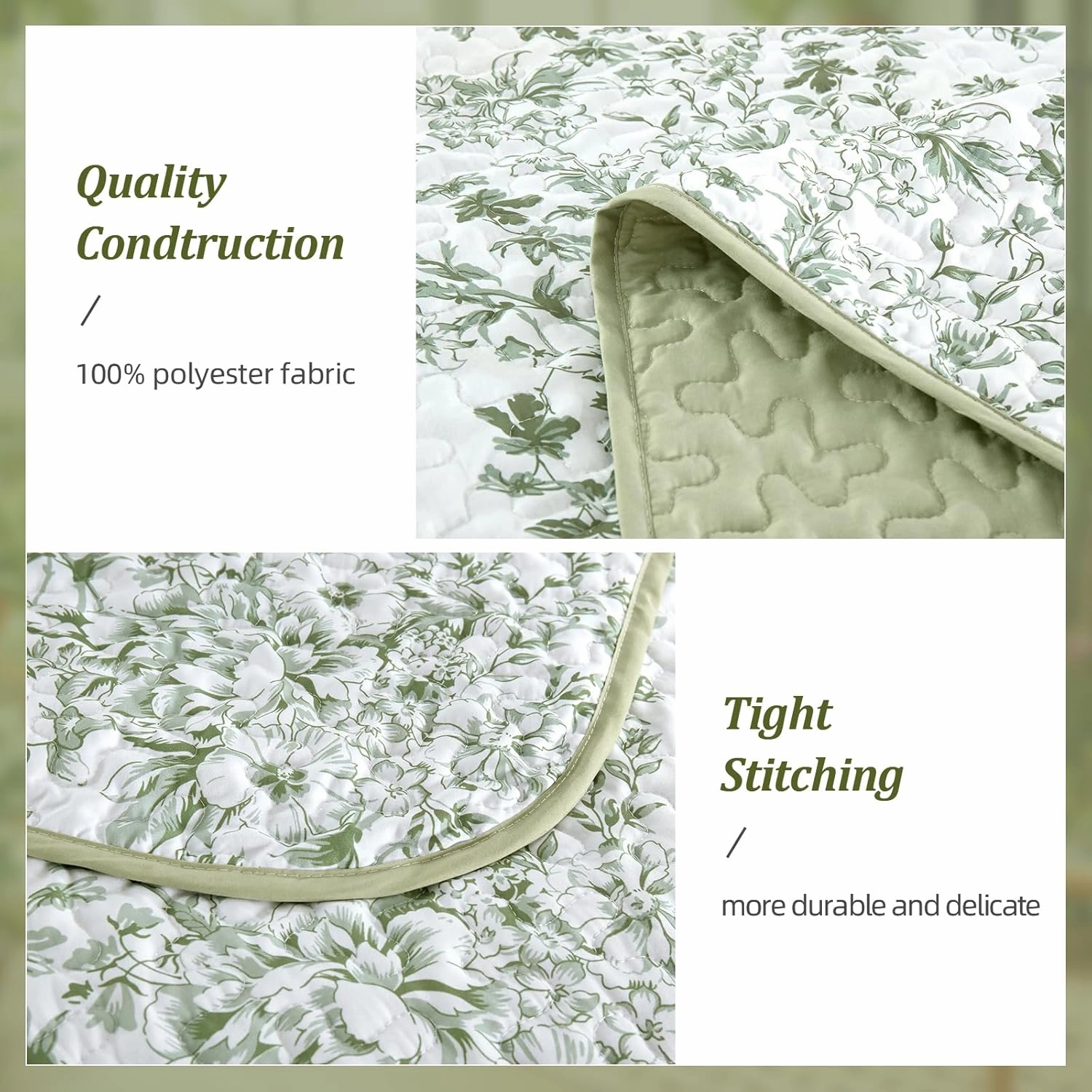 WONGS BDEEING Quilt Full Size, Sage Green Quilt Bedding Set with 2 Pillowcases, Botanical Quilt for Full Bed, Soft Microfiber Lightweight Coverlet Bedspread for All Season (78"×90", 3 Pieces)